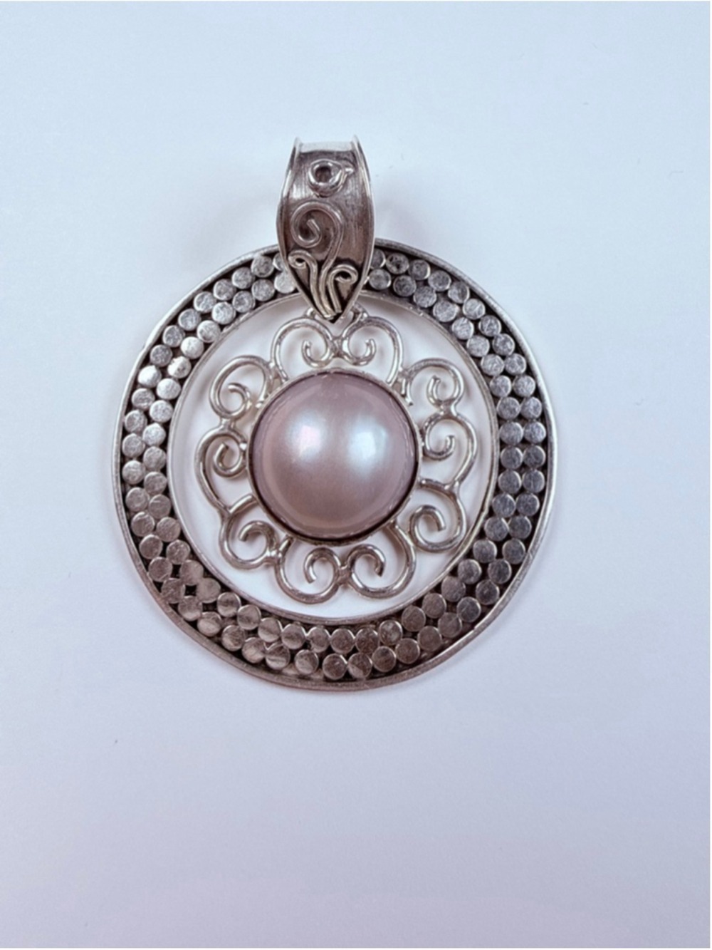 Dot Deco Circle Floating Mabe Pearl 925 Sterling Silver Bali Enhancer Pendant